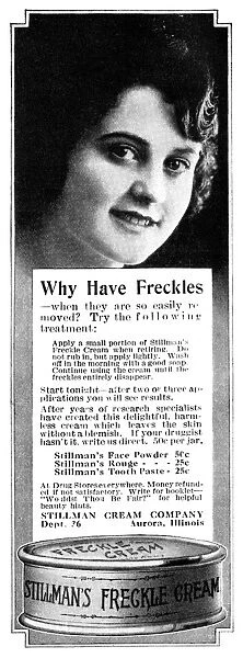 AD: FRECKLE CREAM, 1919. American advertisement for Stillmans Freckle Cream, 1919