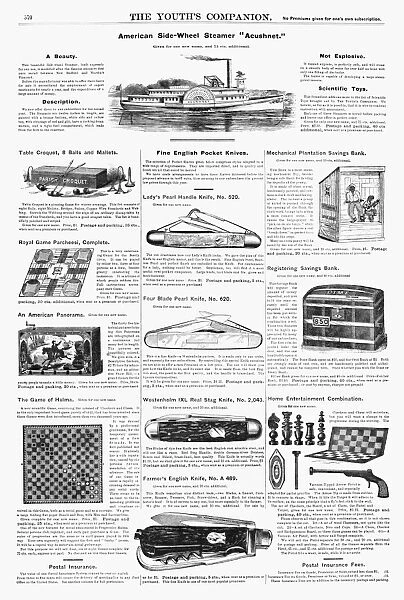AD: GAMES, 1890. American magazine advertisements for games, pocket knives and banks