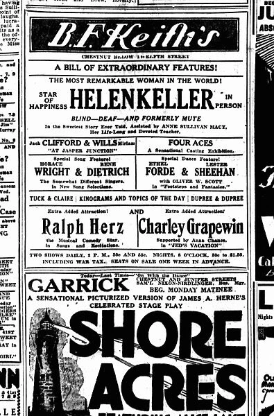 AD: HELEN KELLER, 1920. Advertisement for Helen Keller and Annie Sullivans appearance at B