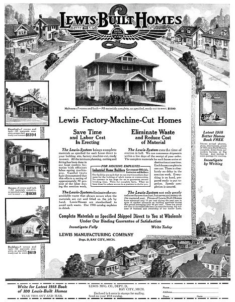 AD: HOMES, 1918. American advertisement for Lewis-Built Homes. Illustration, 1918