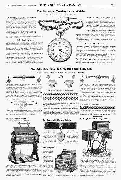 AD: JEWELRY, 1890. American magazine advertisements for a pocket watch, jewelry