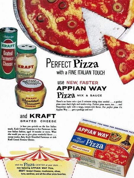 Advertisement for Kraft grated cheese and Appian Way pizza mix and sauce, from an American magazine, 1960