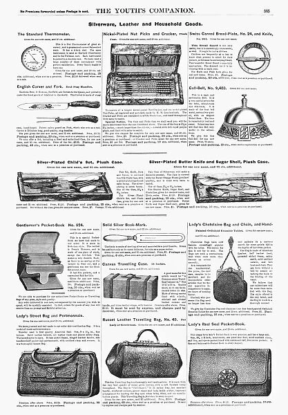 AD: LEATHER AND HOUSEWARES. American magazine advertisements for silverware, leather