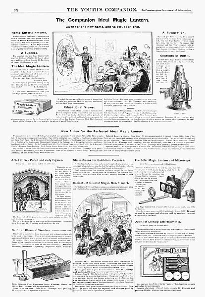 AD: MAGIC LANTERN, 1890. American magazine advertisements for magic lanterns, puppets