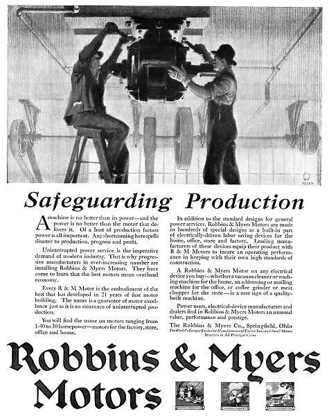 AD: MOTOR, 1918. American advertisement for Robbins & Myers Motors. Illustration, 1918