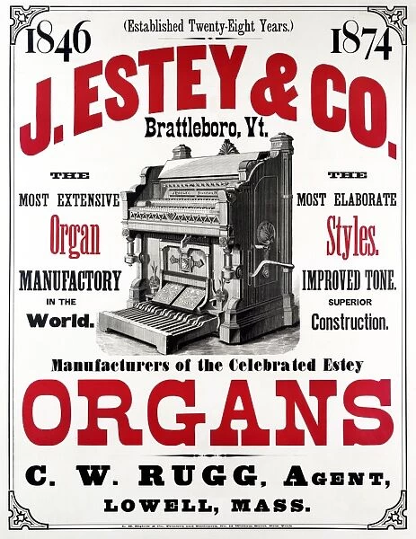 AD: ORGANS, c1874. Advertisement for Estey organs, manufactured by J. Estey & Co