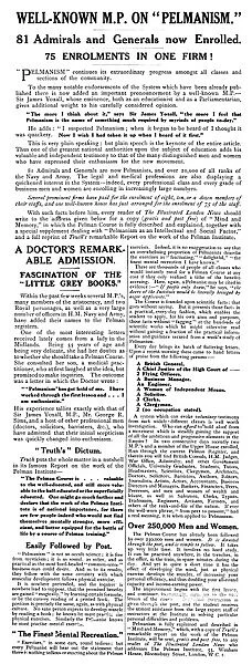 AD: PELMANISM, 1918. British advertisement for Pelmanism, a mind training program