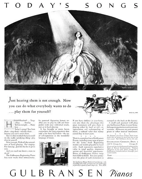 AD: PIANOS, 1927. American advertisement for Gulbransen Pianos, 1927