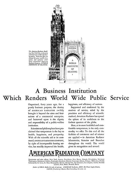 AD: RADIATORS, 1927. American advertisement for the American Radiator Company, 1927