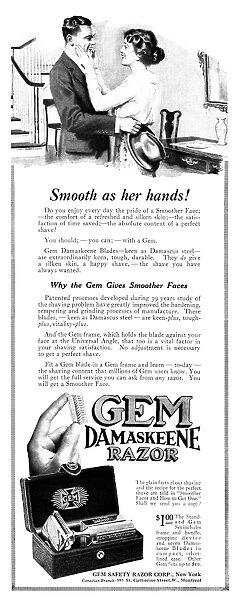 AD: RAZOR, 1919. American advertisement for Gem Damaskeene Razor, 1919