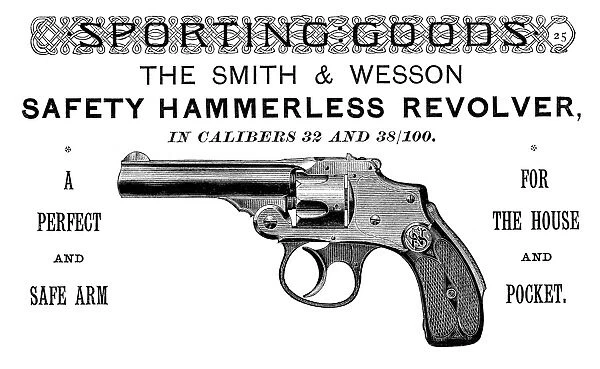 AD: REVOLVER, 1889. American magazine advertisement for the Smith & Wesson hammerless revolver