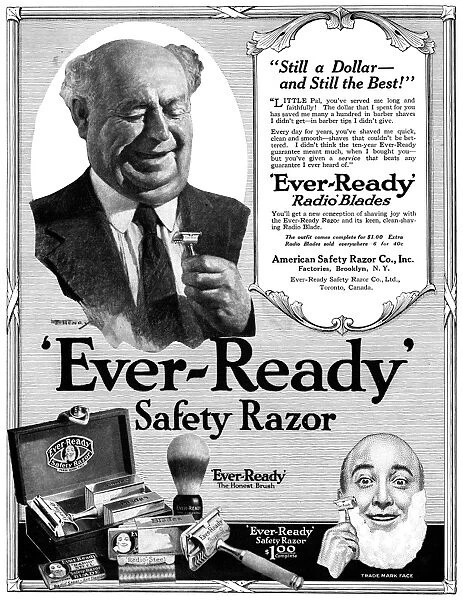 AD: SHAVING, 1919. American advertisement for Ever-Ready Safety Razor, 1919