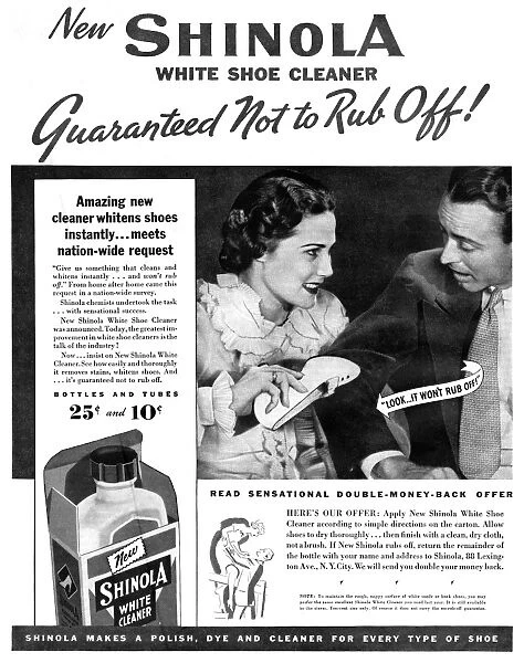 AD: SHOE CLEANER, 1936. American advertisement for Shinola White Shoe Cleaner. Photograph