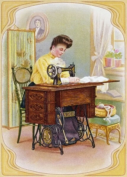AD: SINGER SEWING MACHINE. Advertising card for the Singer cabinet table sewing machine
