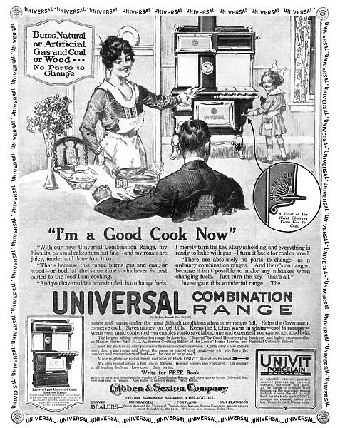 AD: STOVE, 1918. American advertisement for the Universal Combination Range, which