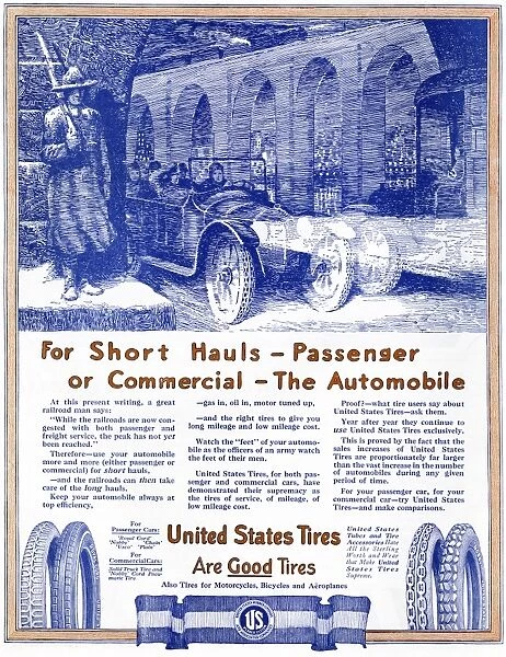 AD: TIRES, 1918. American advertisement for United States Tires. Illustration, 1918