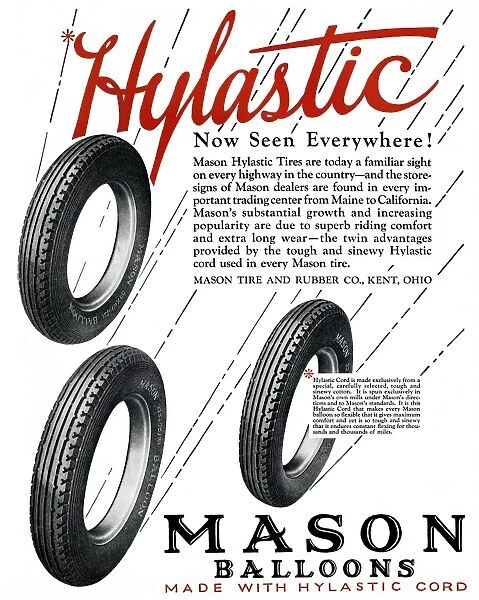 AD: TIRES, 1927. American advertisement for Mason Hylastic Tires, 1927