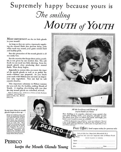 AD: TOOTHPASTE, 1927. American advertisement for Pebeco Toothpaste, 1927