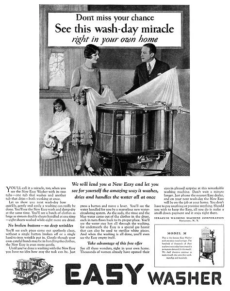 AD: WASHING MACHINE, 1927. American advertisement for Easy Washer, manufactured