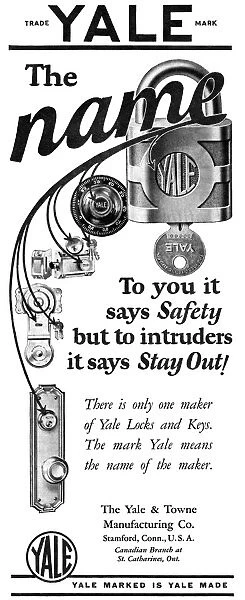 AD: YALE LOCKS, 1927. American advertisement for Yale locks, a product of The Yale