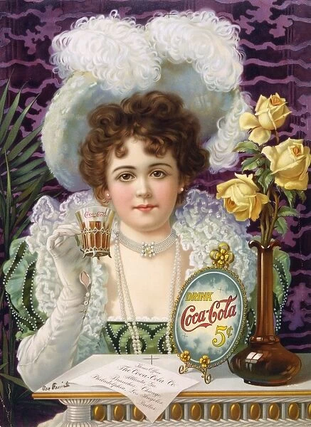 Advertisement with a young woman holding a glass of Coca-Cola, seated at a table with a paper giving the location of the Home Office as well as branch locations of the Coca-Cola company. Chromolithograph, 1890s