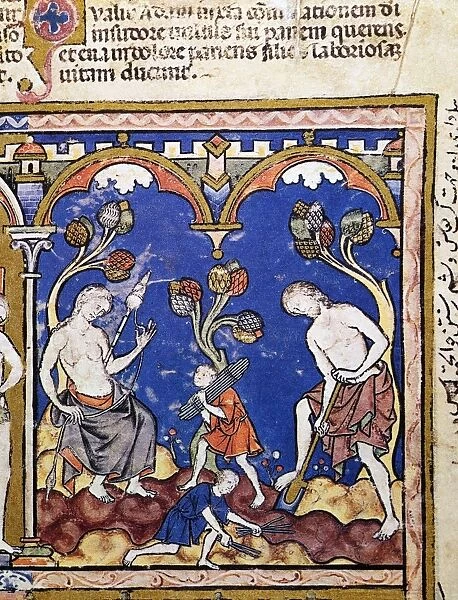 ADAM AND EVE. The Curse (Genesis 3: 16-19). French manuscript illumination, c1250