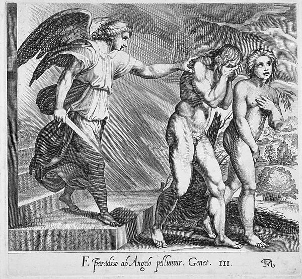 ADAM AND EVE. Expulsion from Eden. Line engraving, 17th century