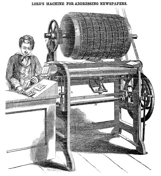 ADDRESS MACHINE, 1858. Machine invented by James Lord for addressing newspapers