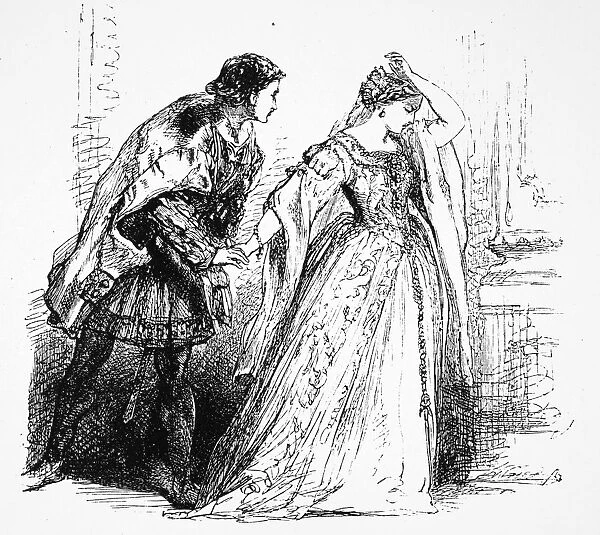 MUCH ADO ABOUT NOTHING. Beatrice and Benedick (Act IV, Scene I) from William Shakespeares Much Ado About Nothing. Wood engraving, 1881, after Sir John Gilbert
