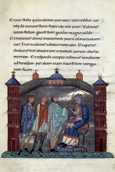 ADORATION OF THE MAGI. Illumination from a Gospel, early 11th century, Salzburg