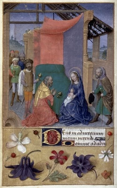 ADORATION OF MAGI. Illumination from a Latin Book of Hours. France or Belgium, c1480