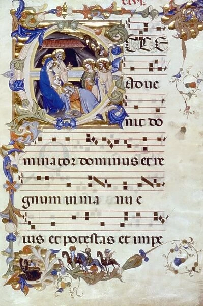 ADORATION OF MAGI. In an initial E: Florentine Gradual illumination, late 14th century