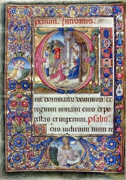 ADORATION OF MAGI. In an initial E, illumination from a late 15th century Italian
