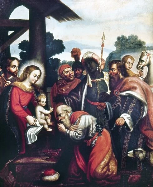 ADORATION OF THE MAGI. Oil on canvas, early 17th century from Cuzco, Peru