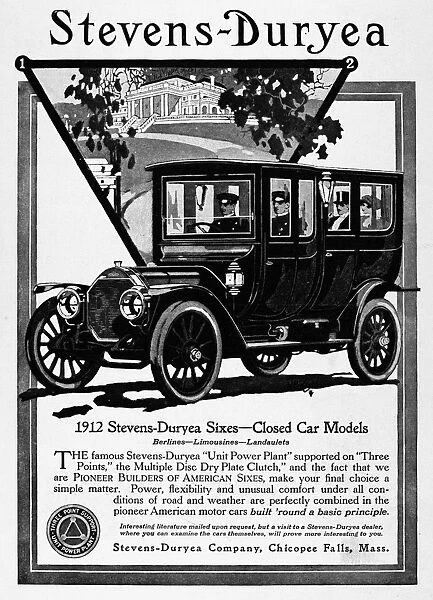 ADS: AUTOMOBILE, 1912. Advertisement from an American magazine for Stevens-Duryea Sixes