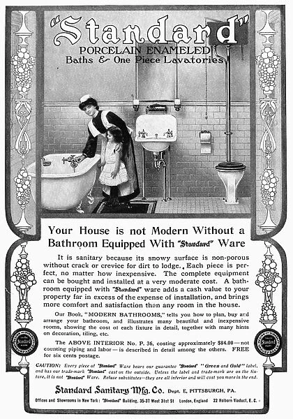 ADS: BATHROOM, 1905. Advertisement for Standard porcelain enameled baths and one-piece lavatories. Line engraving, English, 1905