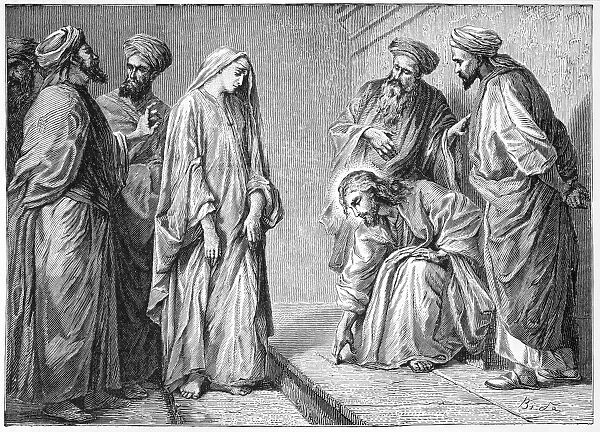 ADULTEROUS WOMAN. A woman accused of adultery before Jesus and the Pharisees (John 8: 3-8). Wood engraving, 19th century