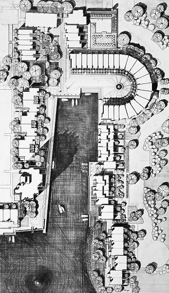 Aerial view of the planned community of Reston, Virginia. Drawing, c1966