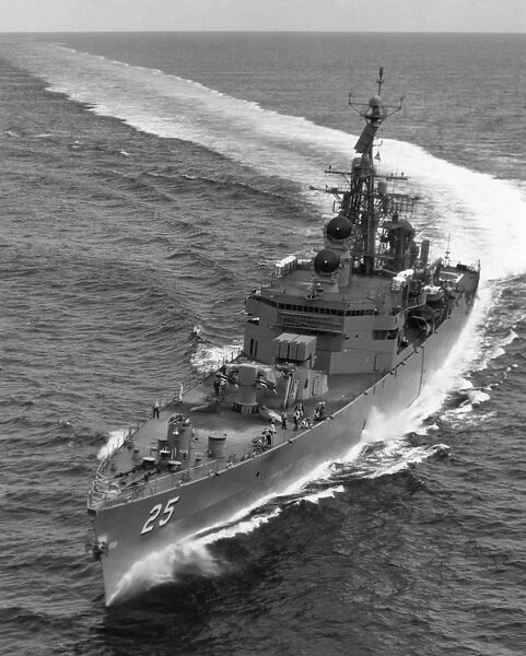 Aerial view of the USS Bainbridge, a U. S. Navy guided missile destroyer. Photograph, 1968