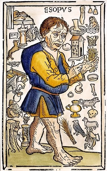 AESOP (620-560 B. C. ) surrounded by his creations in a woodcut from Augsburg