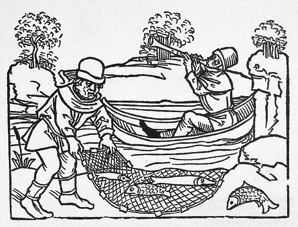 AESOP: FISHERMEN, c1477. Fisherman and musician in a boat. Woodcut from Aesops Life and Fables