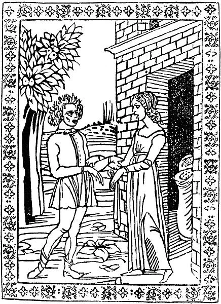 AESOP: THAIS & THE YOUTH. Woodcut from an edition of Aesop published at Venice