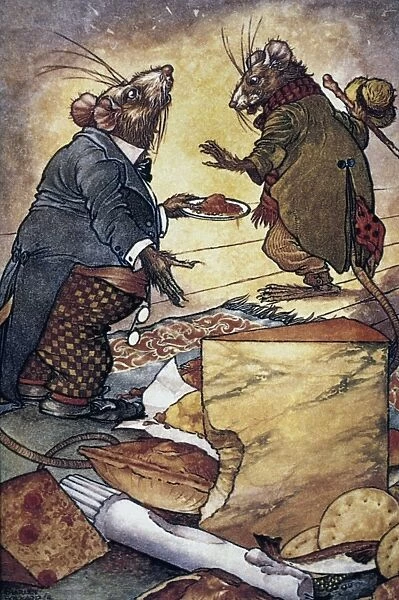 Aesops fable of The Town Mouse and the Country Mouse. Watercolor by Charles James Folkard