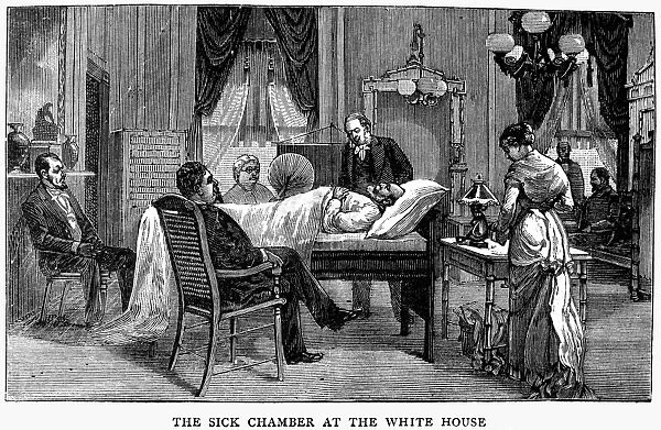 Aftermath of the Assassination of President James A. Garfield on 2 July 1881. Wood engraving from an English newspaper of 1881