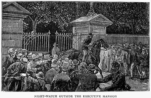 Aftermath of the assassination of President James A. Garfield on 2 July 1881. Wood engraving from an English newspaper of 1881