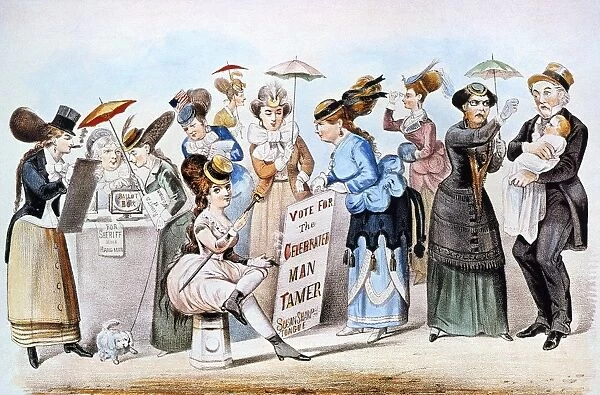 The Age of Brass or the Triumph of Womans Rights. Lithograph cartoon satire, 1869, by Currier & Ives