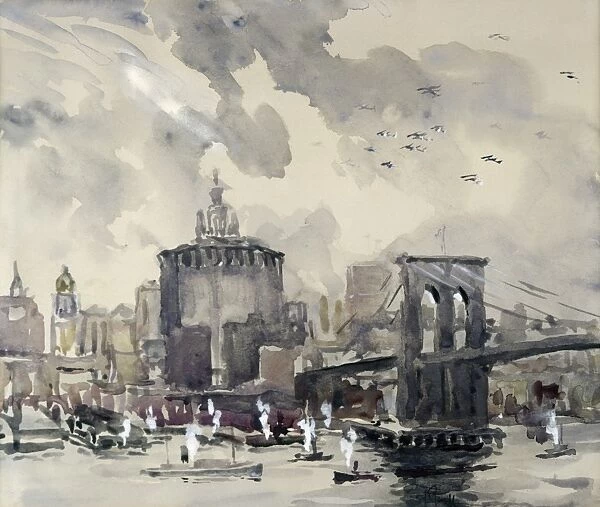 Airplanes over New York City returning from World War I. Watercolor by Joseph Pennell, c1919