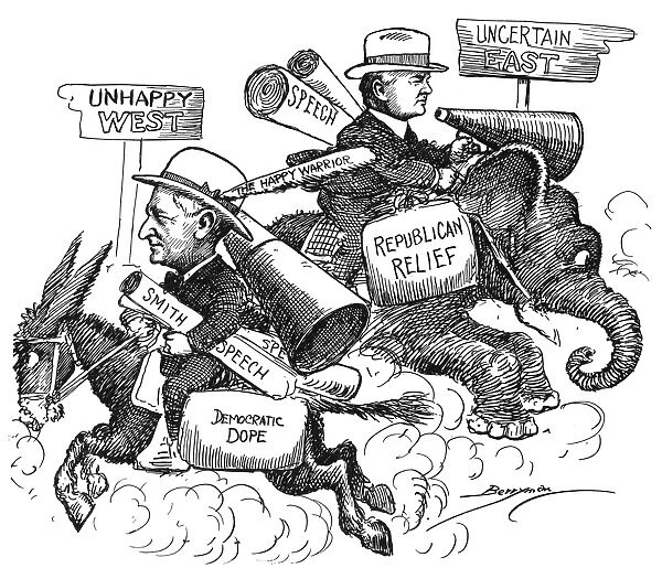 Al Smith, the Democratic party candidate for President in 1928, and Herbert Hoover, the Republican contender, charge off to campaign in the regions where their support is weakest. Contemporary cartoon by Clifford Berryman