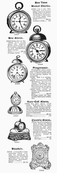 ALARM CLOCKS, 1895. As featured in the 1895 Montgomery Ward & Co. mail order catalogue