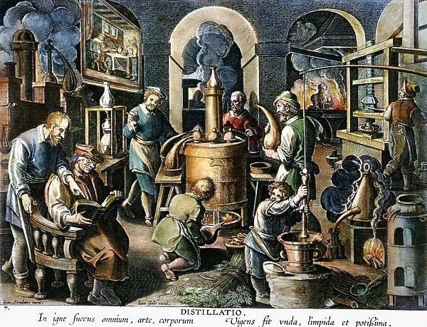 An alchemist (seated left wearing eyeglasses) and his assistants. Color copper engraving by Joan Galle after Stradanus (1523-1605)